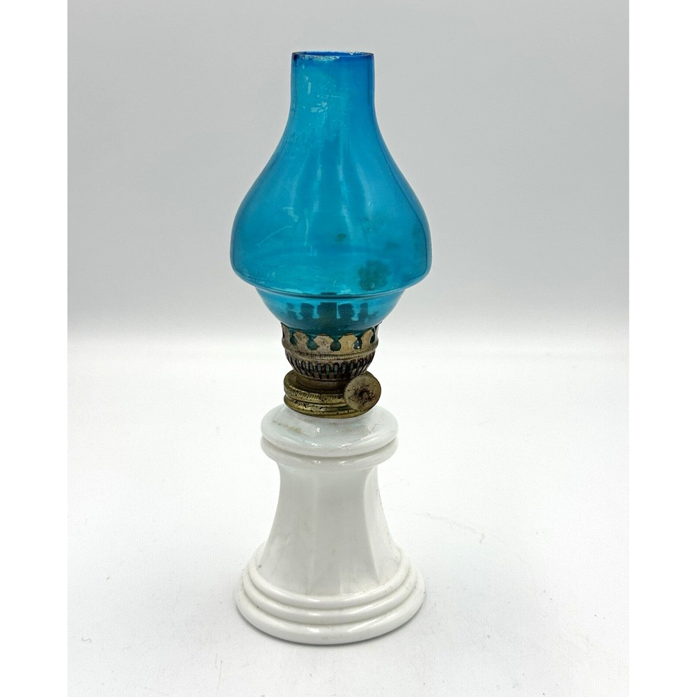 Enesco Japan Mini Blue Glass Hurricane Oil Lamp White Ceramic Base Wick